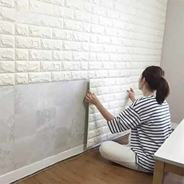 3D Brick Wall Stickers, Self Adhesive Wallpaper Foam Sheet, PE Foam High Quality Bricks Wallpaper, Sofa Background Wall Décor, Peel And Stick 3D Art Wall Brick Room Panels For TV Walls – White Color – 70*77cm