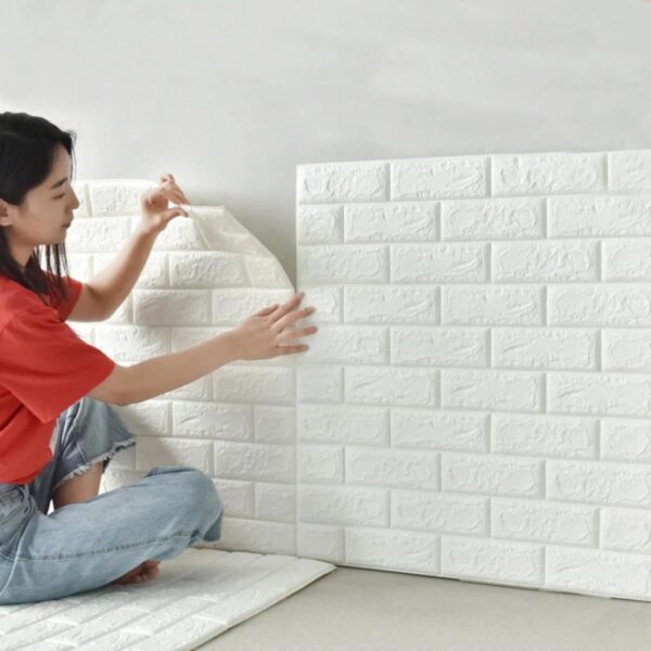 3D Brick Wall Stickers, Self Adhesive Wallpaper Foam Sheet, PE Foam High Quality Bricks Wallpaper, Sofa Background Wall Décor, Peel And Stick 3D Art Wall Brick Room Panels For TV Walls – White Color – 70*77cm