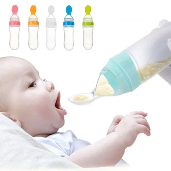 Infant Baby Silica Gel Bottle With Spoon Newborn Baby Food Supplements Rice Cereal Bottles Milk Feeder