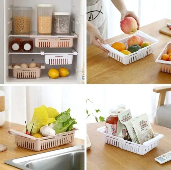 Fridge Storage Adjustable Basket Expandable Fridge Storage Rack Plastic Fridge Space Saver Food Organizer Tray Refrigerator Pull out Drawers